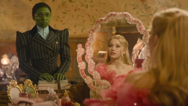 Cynthia Erito as Elphaba and Ariana Grande as Glinda in Wicked.