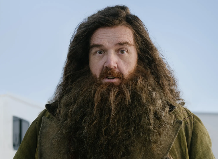 Nick Frost en la serie de Harry Potter convertido en el nuevo y querido gigantón.