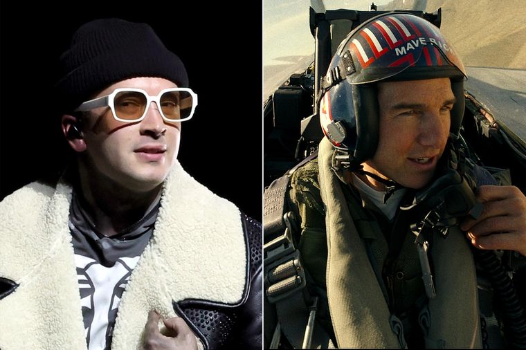 Tyler Joseph, líder de Twenty One Pilots, junto con Tom Cruise en Top Gun: Maverick.