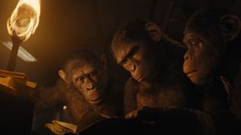 Anaya, Noa y Soona descubriendo el pasado de la especie en El Planeta de los Simios: Nuevo Reino
