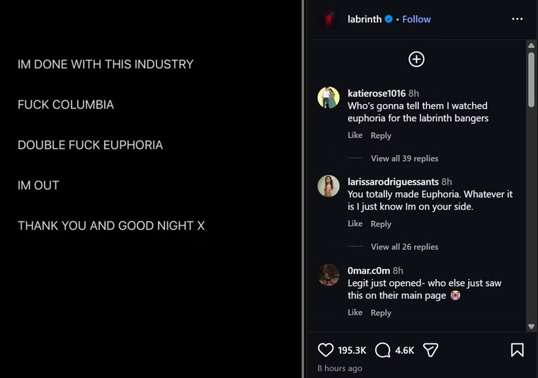 La publicación hecha por Labrinth en su cuenta de Instagram La publicación hecha por Labrinth en su cuenta de Instagram 