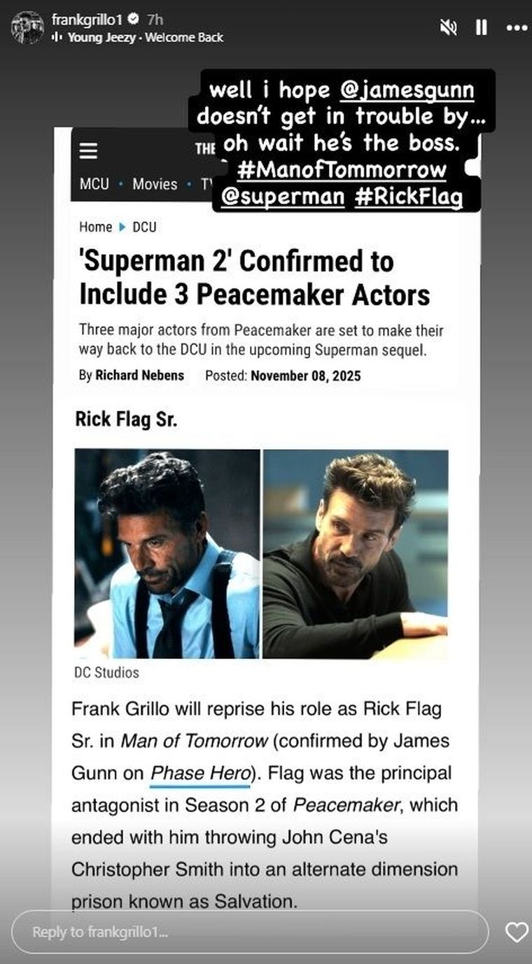 Frank Grillo confirmando su presencia en la secuela de Superman. Frank Grillo confirmando su presencia en la secuela de Superman.