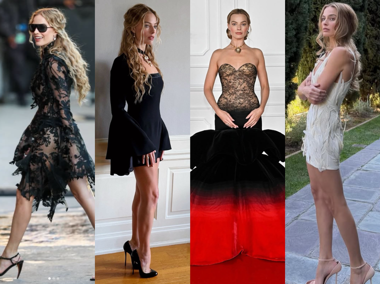 Algunos de los vestidos que usó Margot Robbie durante la gira. Algunos de los vestidos que usó Margot Robbie durante la gira.