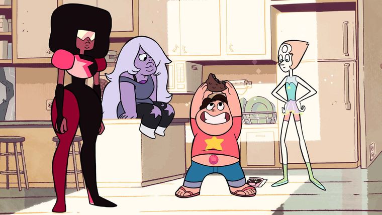 Garnet, Amatista, Steven y Perla en Steven Universe, la serie animada surgida en Cartoon Network. Garnet, Amatista, Steven y Perla en Steven Universe, la serie animada surgida en Cartoon Network.