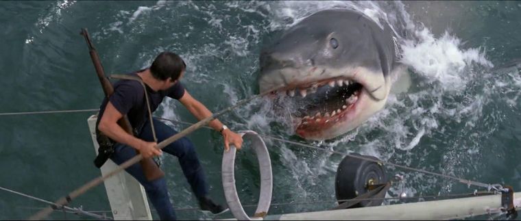 El Jefe Brody (Roy Scheider) luchando contra Bruce en la recordada Tiburón (Jaws) de 1975.