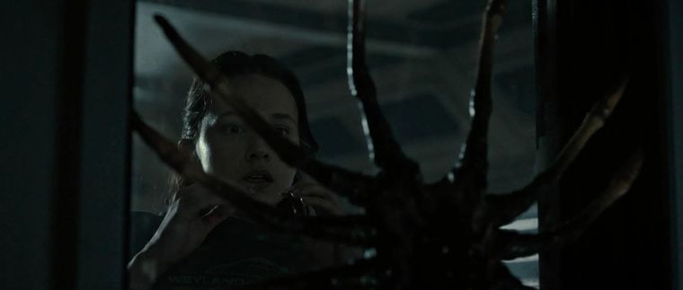 Rain Carradine (Cailee Spaeny) frente a un facehugger
