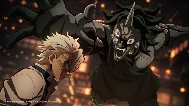 Sanemi Shinazugawa, el Pilar del Viento, a punto aniquilar a uno de los demonios del Castillo Infinito.